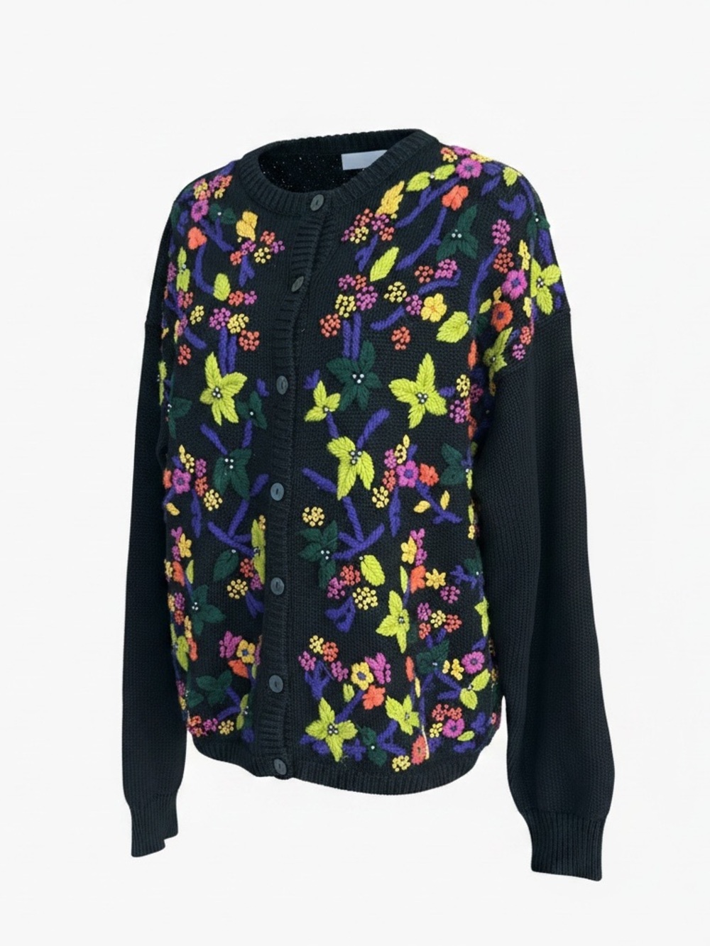 VTG 80s Kitty Hawk Vivian Wang Black Flower Embroidery Cardigan Grandmacore‎ S
